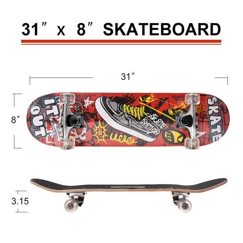 Chrome Wheels ChromeWheels 31 inch Skateboard Double Kick Skate Board Cruiser Longboard 8 Layer Maple Deck Skateboards for Kids and Beginners - Image 3